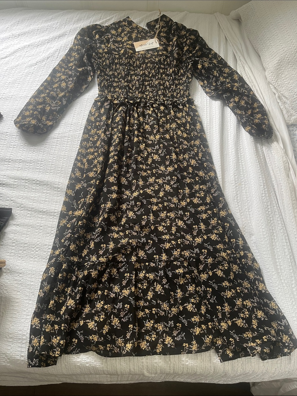 Smocked Black Maxi Dress with Yellow Floral Print